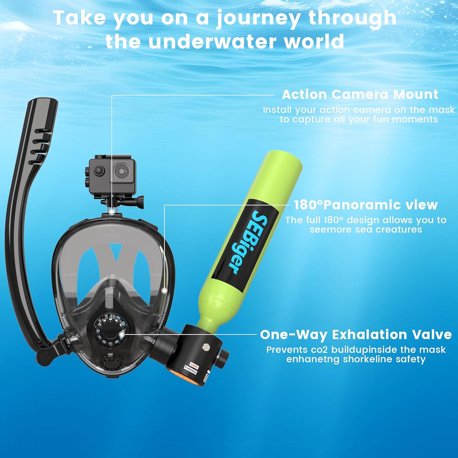 Mini Scuba Tank 0.5L with Full - Snorkel Mask Full Face 评论和价格